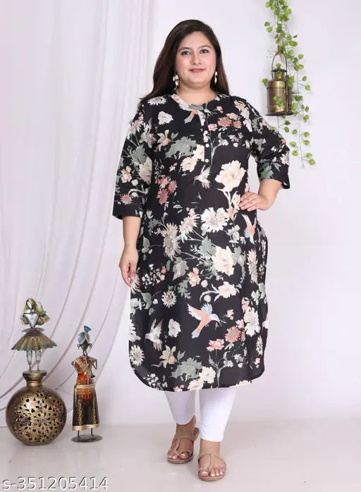 Women Plus Size Floral Print Pure Cotton Straight Kurta (Black)