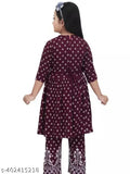 Fancy party/Festive Wear Three Quarter Sleeves Round Neck Cotton Blend Naira Cut Top & Bottom Set For Beautiful Kids Girls(Maroon)