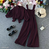 Spaghetti Strap Smocking Two piece Wide leg jumpsuit with stand up collar shirt with tie up pattern-Free size- wine red