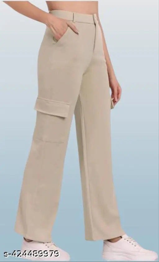 Cream Cargo For Pocket l High Rise | Cargo Pants | Slanted Inset pocket & Patch with Flap | Straight Fit | Fit | Stretchable | Relaxed | Casual and Formal Wear | Trousers & Pant