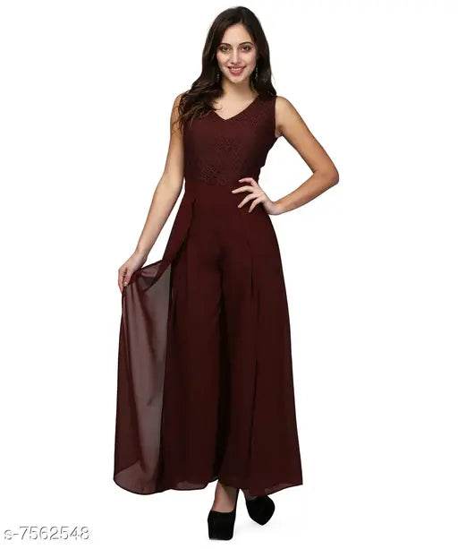 V&M Dark Brown Women's Latest Designer Lace Layered Jumpsuit Come Maxi Party Wear Gown Dress