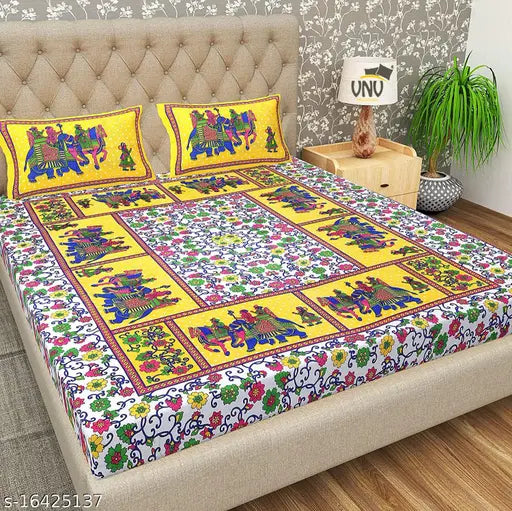 Gangor Jaipuri Print Cotton Double Bed Bedsheet with 2 Pillow Cover (Yellow)