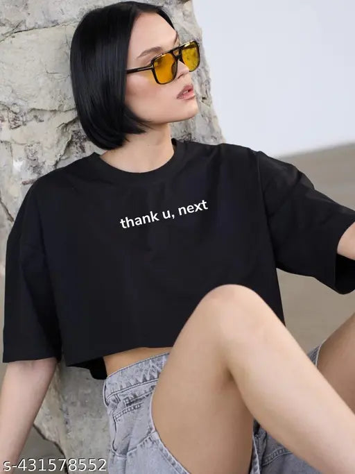 Thank,U-Black Color Half Sleeve Cropped T-Shirts Drop Shoulder Round Neck Crop Tops Casual Summer Solid Color Women's & Girl's Basic Tees