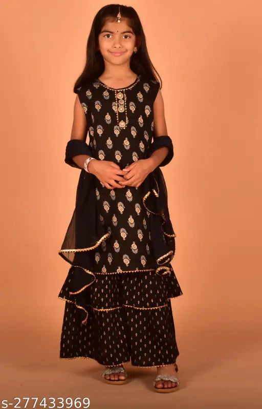 Misbis Girls Printed Kurta and Sharara and Dupatta set