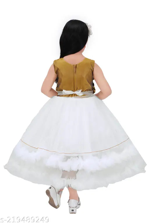 Elegant 3D Flower Designer Frock with Gold Butterfly and Floral Embellishments for Girls