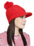 Pollo Loco Women & Girl's Warm Wool Knit Skull Pompom Cap/Hat Red