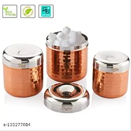 Premium Copper Jar Container Set of 3 for Tea, Sugar, Coffee, Dryfruit, Masala Kitchen Dabba Set Storage Set Organiser Sugar Tea Coffee Dryfruit Cannister Set Gifting for home