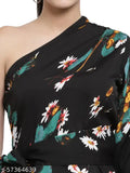 Style Quotient Women Black Floral One Shoulder Crepe Regular Longline Top