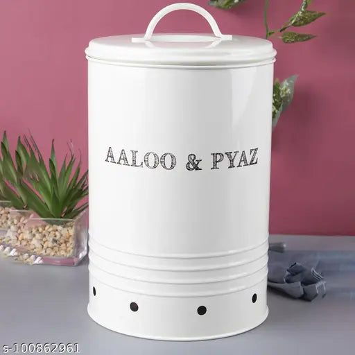 MARKET 99 Aloo & Pyaj Storage Jar Metal Storage Box Container BPA Free Condiment Shape Vegetable Container Air Tight Kitchen Organizer White (Mild Steel, Pack of 1)