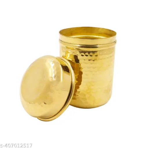 Spillbox Brass Utensil Vertical Canisters|Food Grade Jars|Kitchen Dabbi|Ubha Dabba|Storage Container- Brass Hammered Dabba (Small-1)