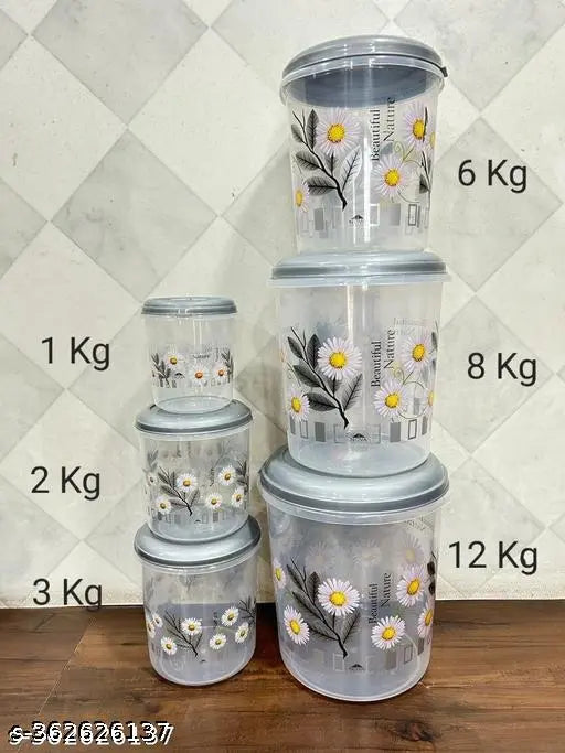 KHODAL Plastic Grocery Container - 1000 ml, 2000 ml, 3000 ml, 6000 ml, 8000 ml, 12000 ml (Pack of 6, Grey)