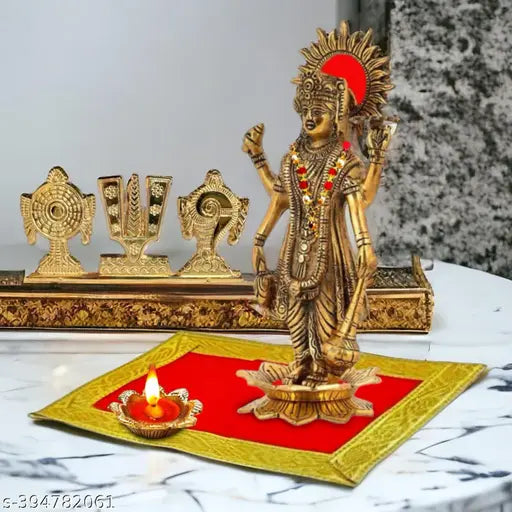 "Bhagwan Vishnu Tirupati at Lotus Flower Idol, Shankh Chakra Tilak Namah, Diya Handicraft Aluminium Metal Tabletop at Red Velvet Carpet Puja Chowki Aasan, Moti Mala For Satya Narayan Vrat Katha, Ekadashi, Car Dash Board, Diwali, Home, Temple, Holi, Kartik