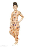 Girl's Cotton Linen Orange Top & Orange Dhoti Pant Set