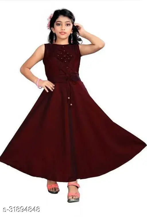 Girls Maroon Poly Silk Ethnic Gowns