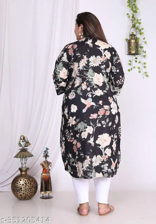 Women Plus Size Floral Print Pure Cotton Straight Kurta (Black)