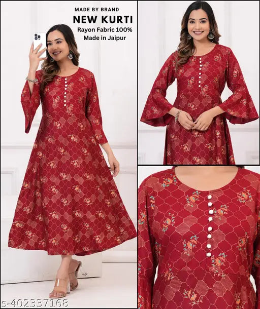 New Kurti Womens Mahroon Printed Anarkali Kurti Jaipur Made Rajasthani dresses