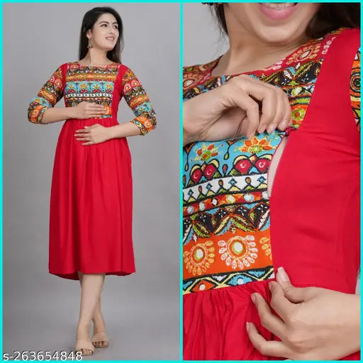 Stylish Trendy Feeding Rayon A-Line Gown Maternity Zip Printed Kurti