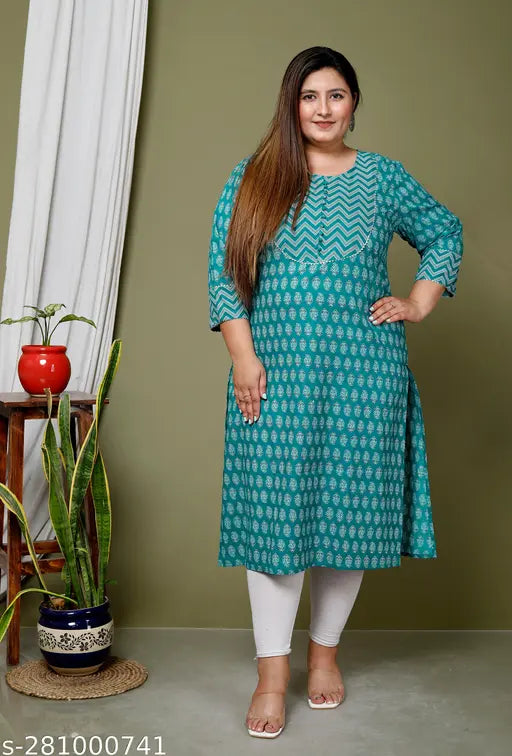 Avnii Women Floral Print Plus Size Cotton Kurta (Blue)