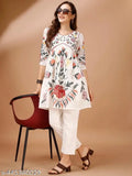 Off White colour multi thread embroidery flared tunic with trouser coord set