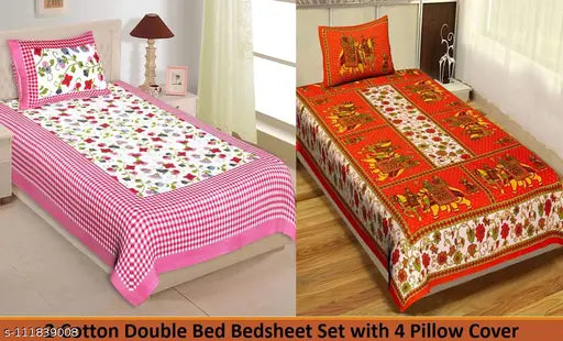 Cotton Jaipuri Single Bed Bedsheet Combo Pack 2 Bedsheet with 2 Pillow Cover