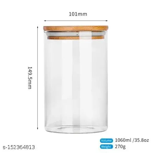 VRS MALL Borosilicate Glass Container, Glass Jar, with Bamboo Airtight Lid, 4 Pcs Jar - 1000 ml Glass, Wooden Cookie Jar (Pack of 4, Clear)