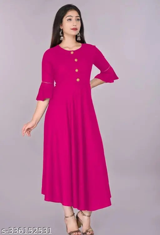 Women Casual Solid MIKE HAND Flared Rayon Kurta (Pink)