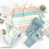 Korean Pastel Perfection: Striped Long-Sleeve Polo Collared T-shirt with Button-Up Front