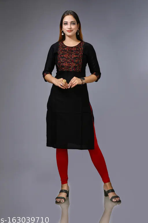 Black & Colourful Woman's Reyon Embroidered Straight Kurti