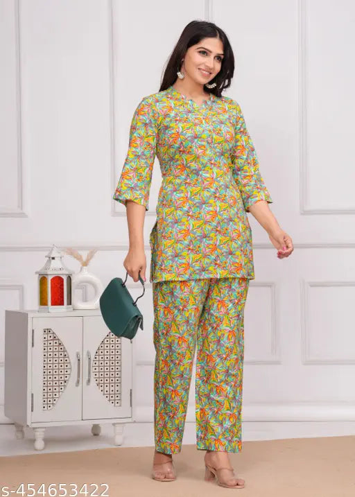 JAIPURFAME Women's Cotton All Over Floral Block Printed Night Suit Top And Pajama Set Stylish Women Nightsuits