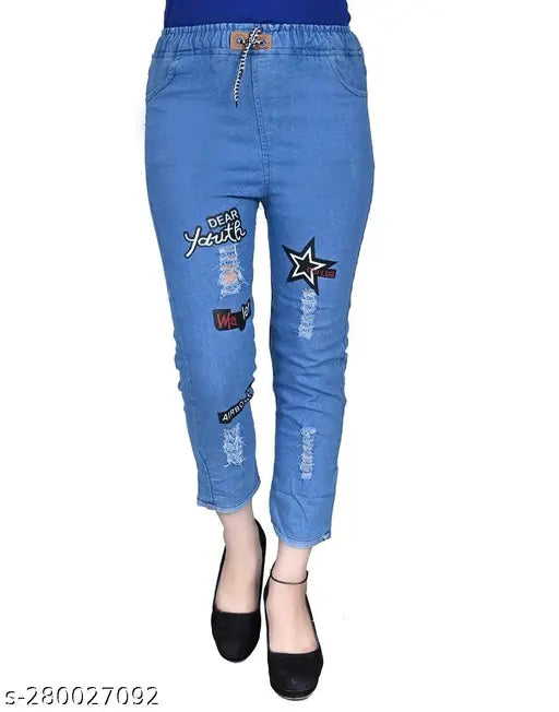 Girls' Light Blue Drawstring Printed Jeans: Stylish Comfort for Your Little Fashionista