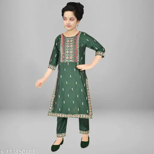 Girl's All-Over Embroidered Kurta with Trousers set