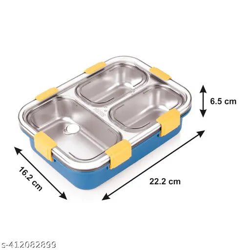 3 Compartment Stainless Steel Lunch Box with Steel Cutlery Inside(Spoon), Heating & Water Insulation Design Use for Office, School & Travelling, 750 Ml - Blue