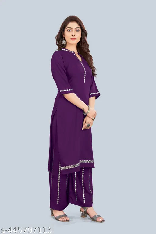 Women's rayon Regular Fit Mirror Work kurti plazzo Set