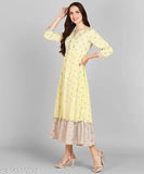 Adhisa Women's Polyester Cotton Printed A-Line Kurta (Light Yellow)