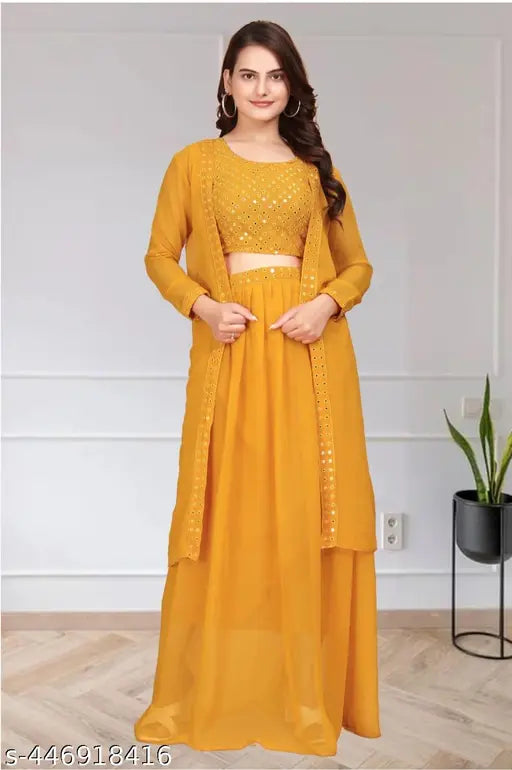 Anas Garmenst#Yellow Shisha Three Set Georgette Lehenga And Choli With Long Shrug Set