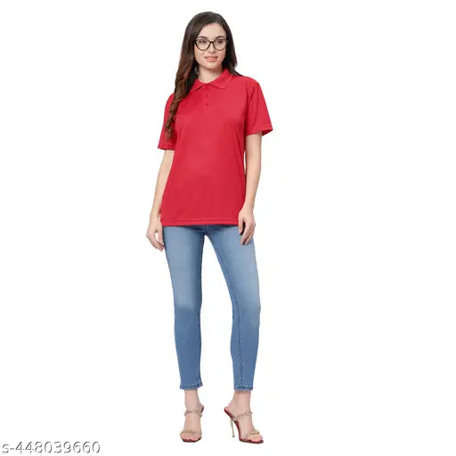 MAHANANDI'S Polo T-Shirt for Women Plain T-Shirt,Casual T-Shirt,Loose Fit T-Shirt, Women Tees,Plain T-Shirt for Women ( Red )