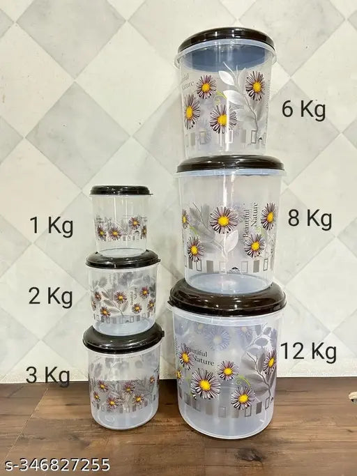 Veksin 6 Pieces Plastic Printed Container set with beautiful design ( 12KG , 8KG , 6KG , 3KG , 2KG , 1KG Grocery Container - Brown)