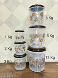 Veksin 6 Pieces Plastic Printed Container set with beautiful design ( 12KG , 8KG , 6KG , 3KG , 2KG , 1KG Grocery Container - Brown)