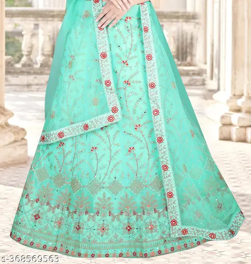 Gopinath Enterprise Embroidered Semi Stitched Lehenga Choli / mirror work lehnga for women / Beautiful Sea Green Color Lehenga Choli