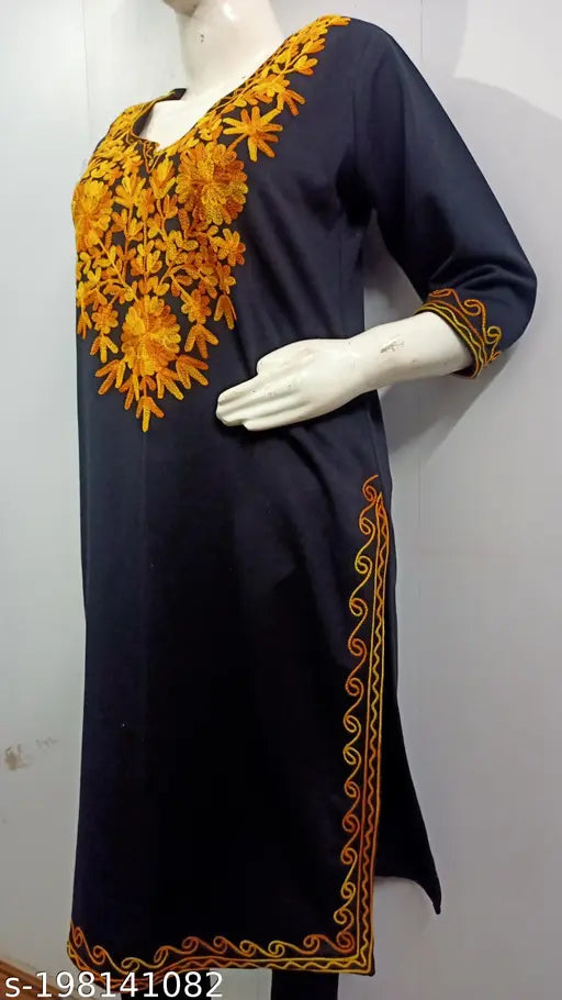 Black Woolen Kurti with Yellow Kashmiri Style Embroidered for Women