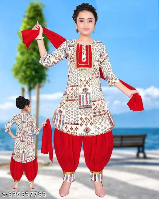 RK Collection kids party/festive designer printed red patiala suit with dupatta for girls