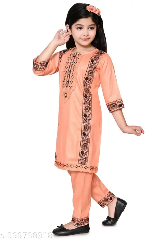 Urban Youth Beautiful Kurti Pant Set Front Button Look Embroidery Rayon Fabric Set For Girls