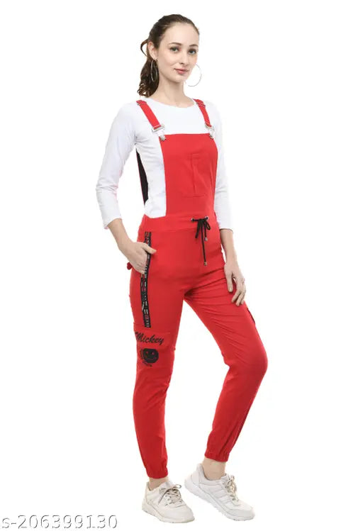 Women Pretty Trendy Stylish Fashionable Casual Regular Fit Full Length Western Wear Red Printing Stretchable Cotton Blend Dungaree Jumpsuits Pack Of 1 S-28, M-30, L-32 & XL-34