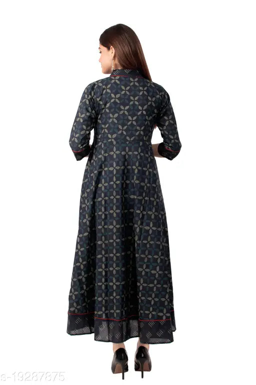 Angiya Women's Cotton Printed Angrakha Kurta (Indigo)