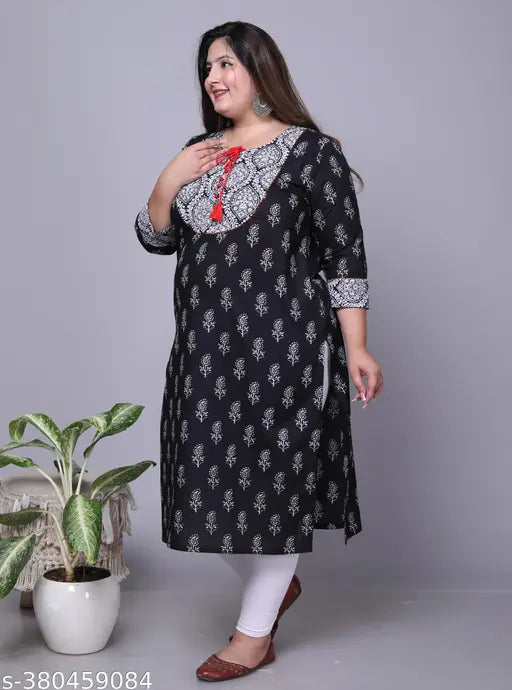 Avnii Women Black Floral Print Plus Size Straight Kurti Cotton Kurta (Black)