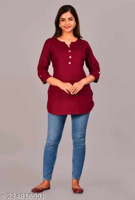 New Designer Maroon Color Tunics & Tops Crepe Printed Kurti For Women's On Lowest Price & Best Quality