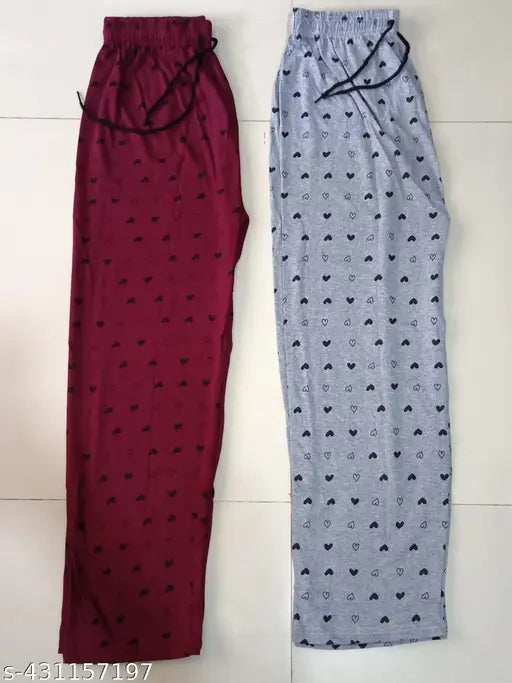 Women Maroon/Light Grey Pack Of 2 Printed Pure Cotton Pyjamas.pajamas.payzamas.Combo Pack Of 2