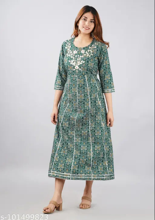 Women's Printed Lace Work Rayon Green Kurti