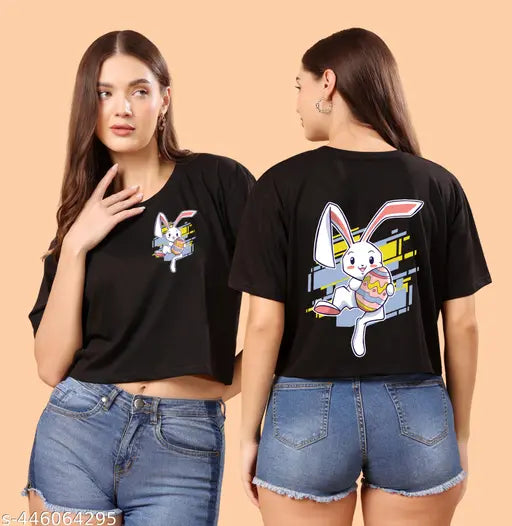 SWIFTLY Womens/Girls Crop Top Oversized Rabbit DTF Printed Half Sleeve T-shirts