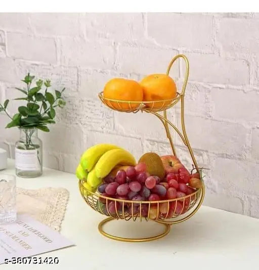 Arham Handwork Steel 2 -Tier Countertop Fruit & Vegetable Basket And Organizer For Dining Table/Kitchen (Gold),